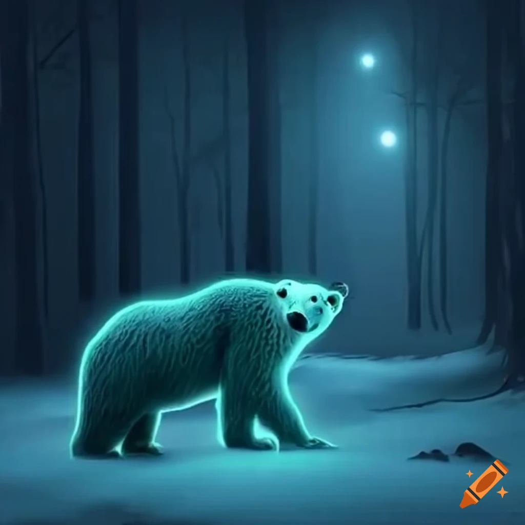 polar bear glowing in the dark forest