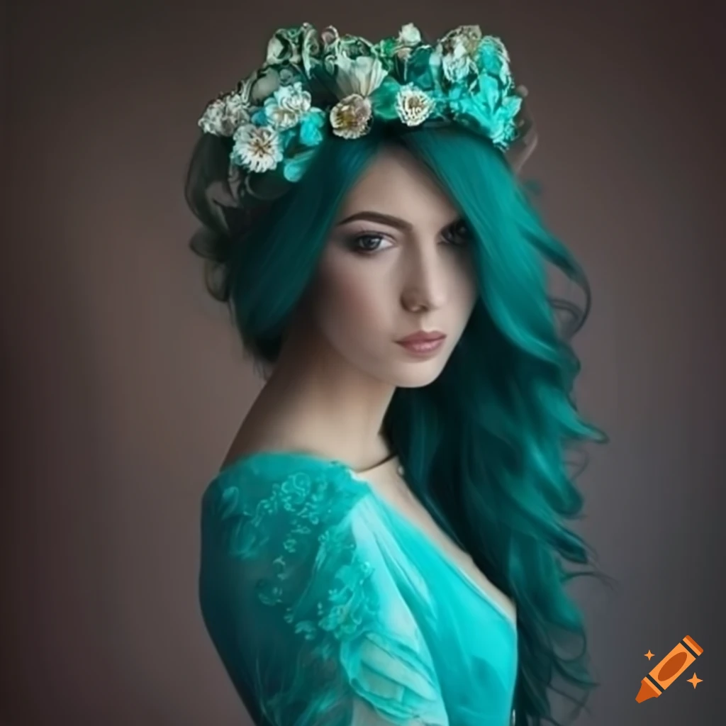 Woman with dark teal hair and floral crown