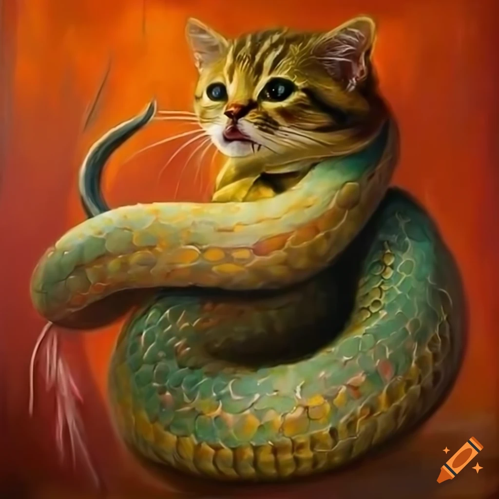 Oil painting of snake and kitten as friends on Craiyon