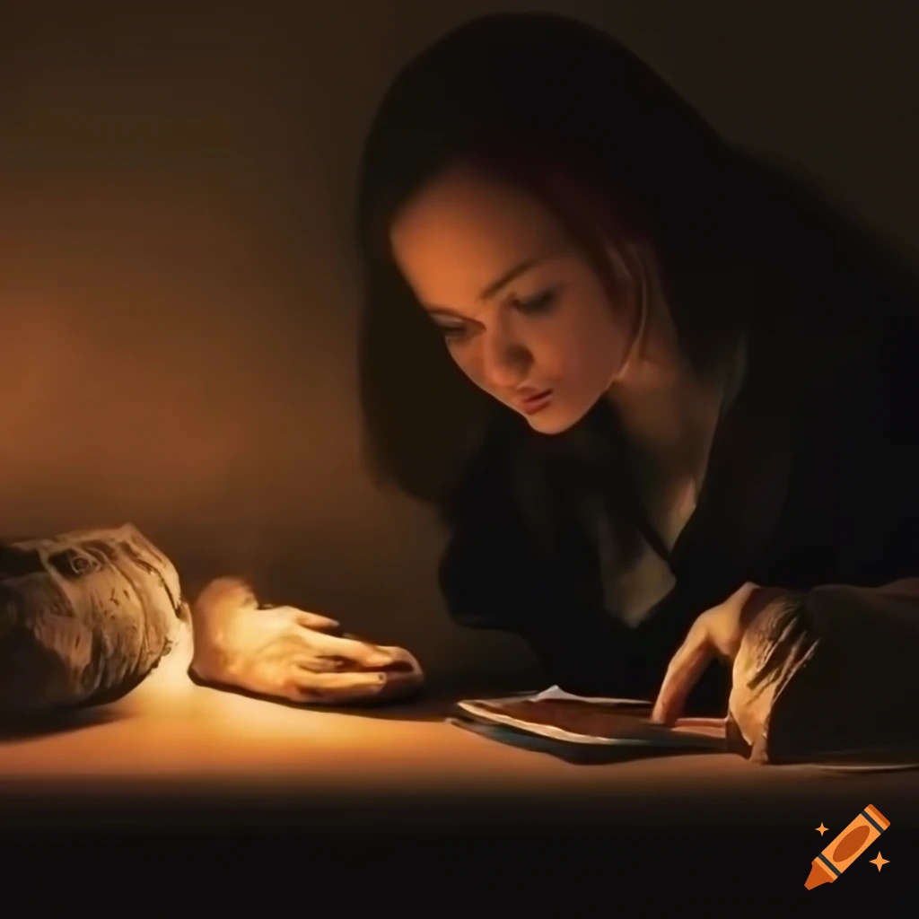 dramatic image of a student examining an old artifact