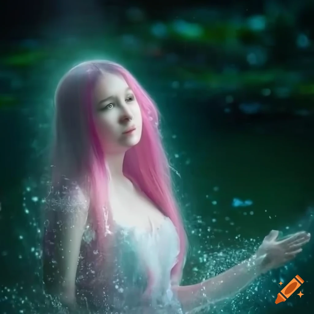 ethereal image of a magical girl in a river with white dragonfly wings