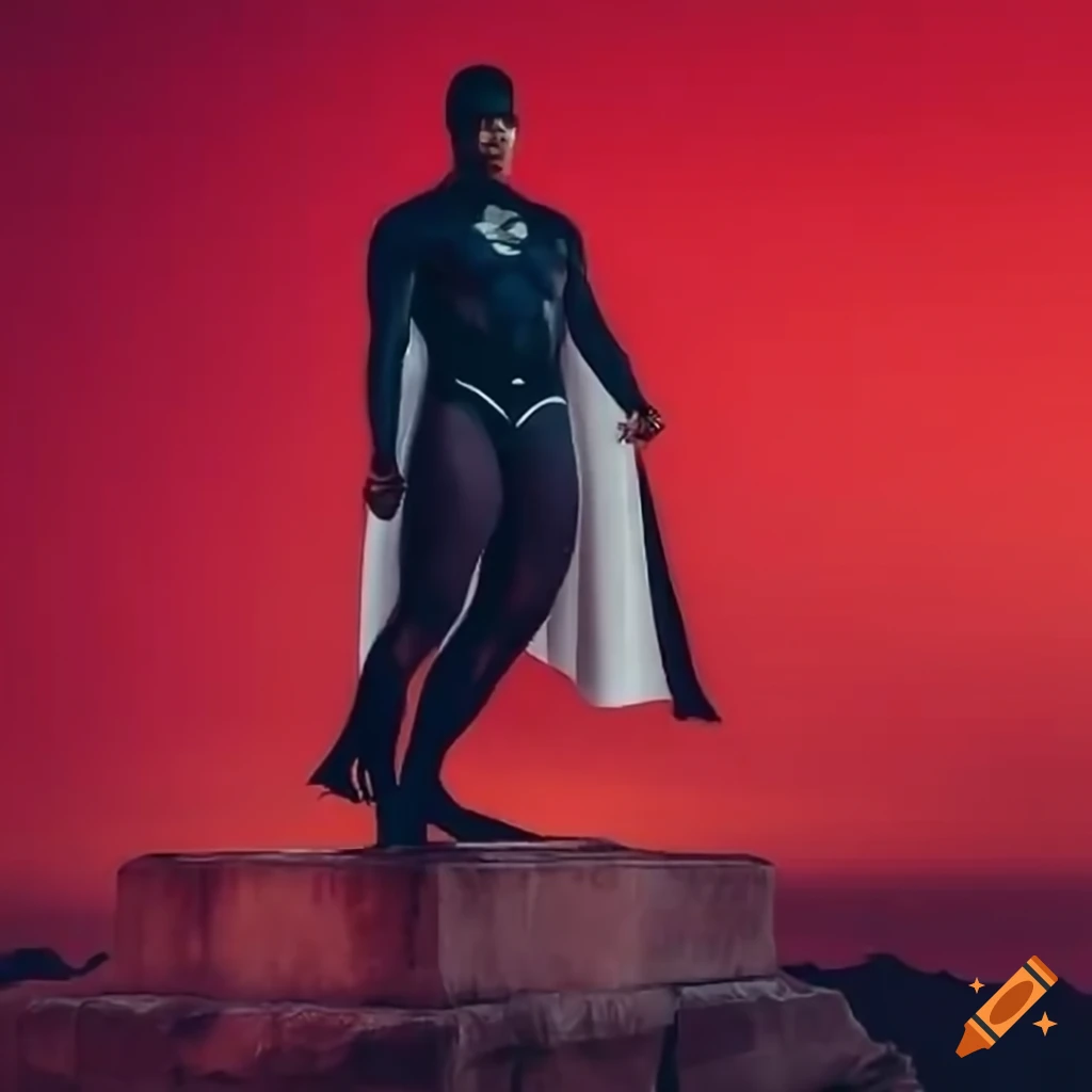 Superhero with flowing cape standing on top of a monument on Craiyon