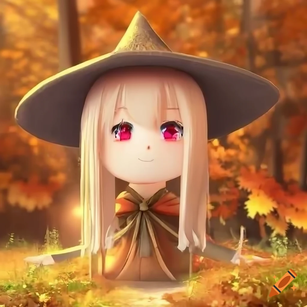 3d render of a cute anime witch girl in an autumn forest