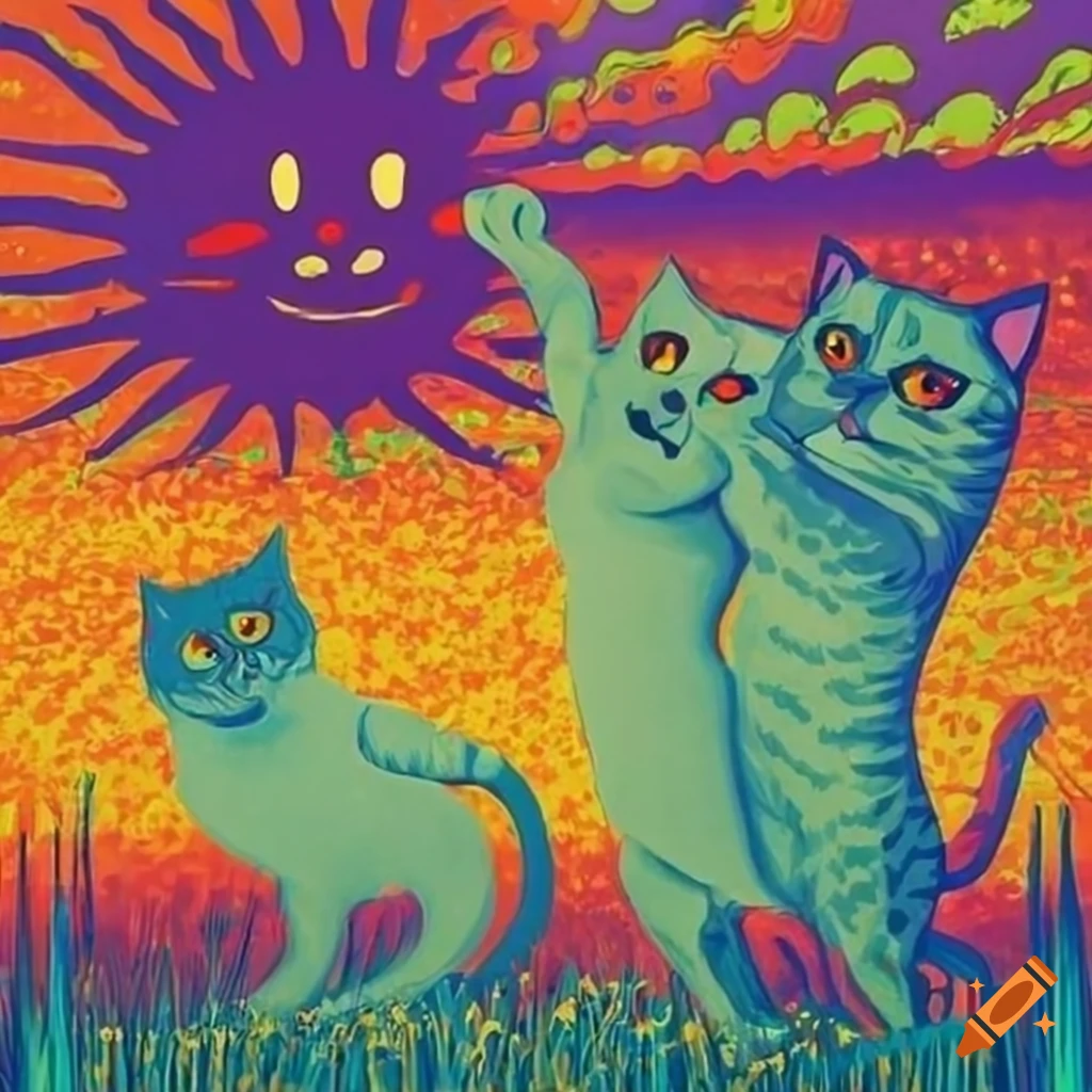 psychedelic poster art of dancing cats in a meadow