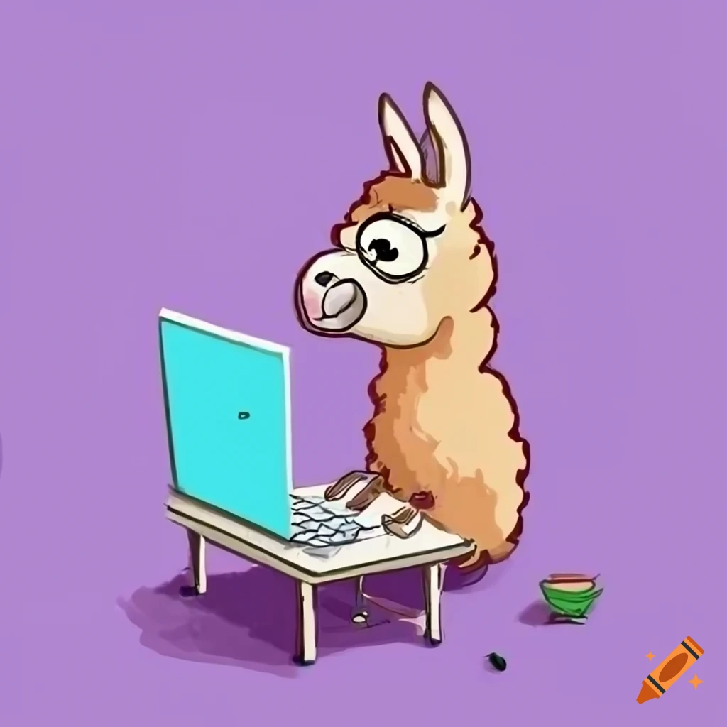 Cartoon of a llama using a computer on Craiyon