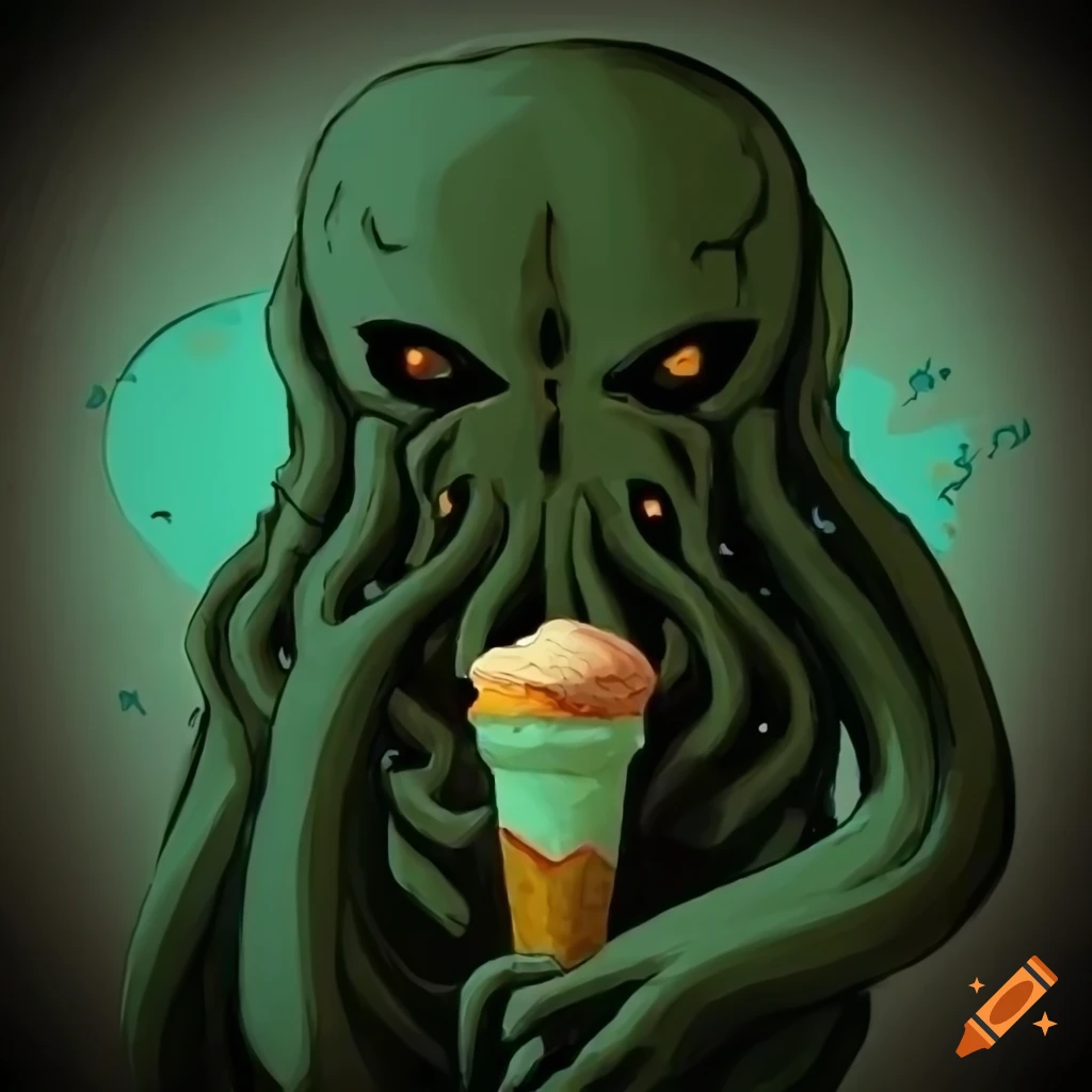 cubist art of Cthulhu enjoying ice cream