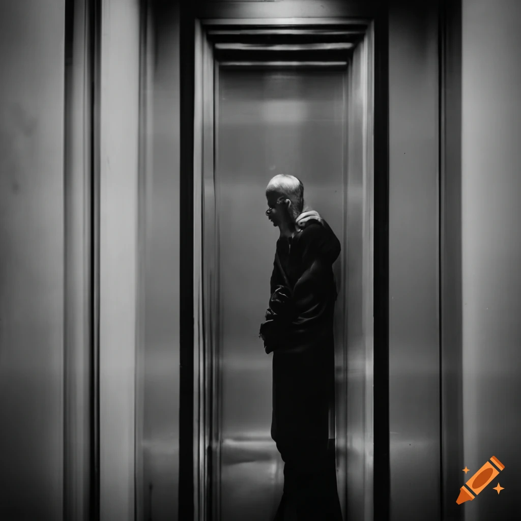 black and white photo of a man in an elevator