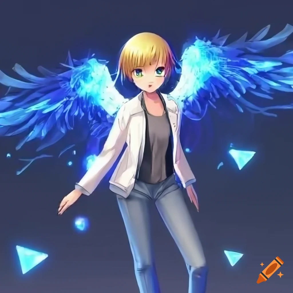 Anime art of a tall boy with angel wings in a black jacket on Craiyon