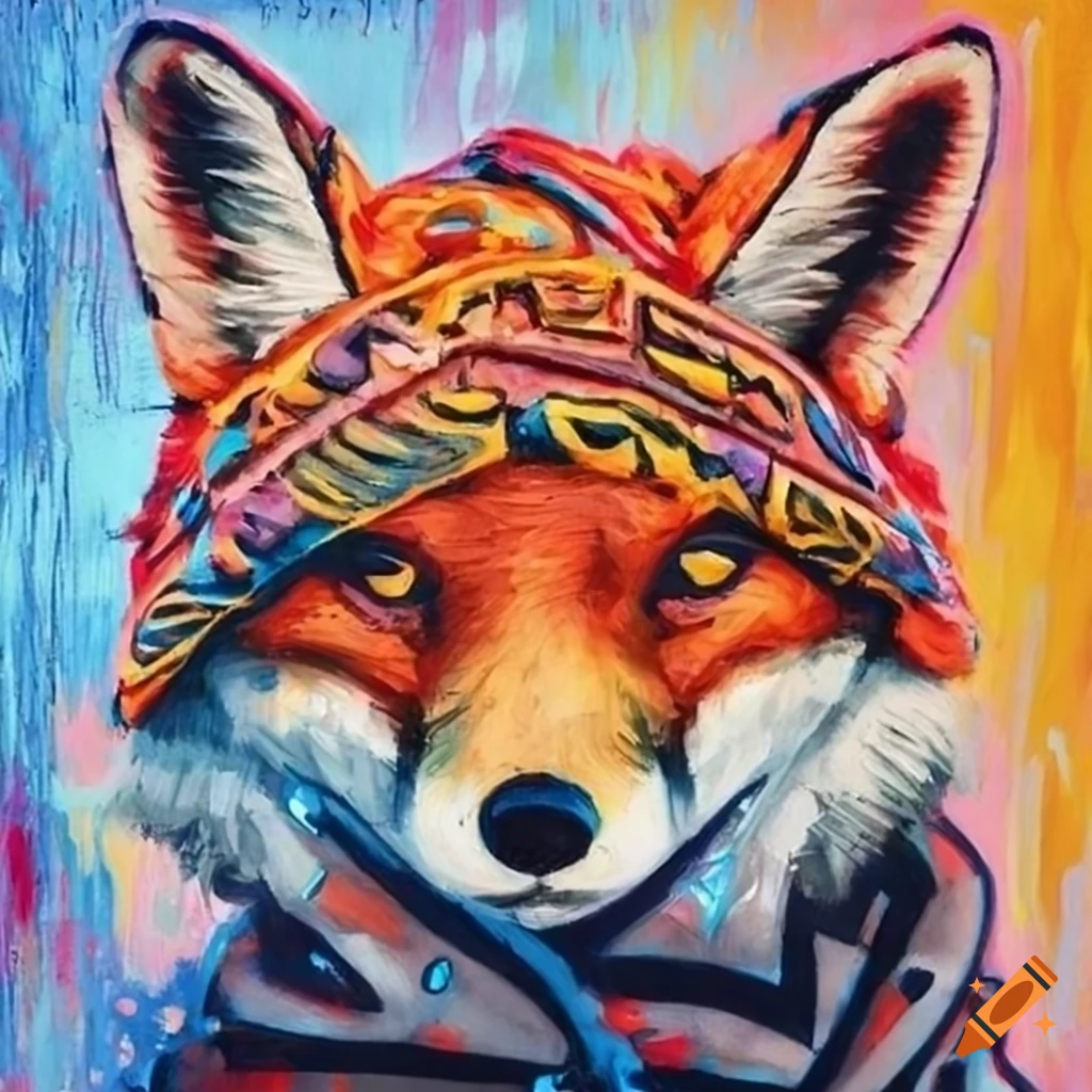 impressionist graffiti of a fox wearing a beanie