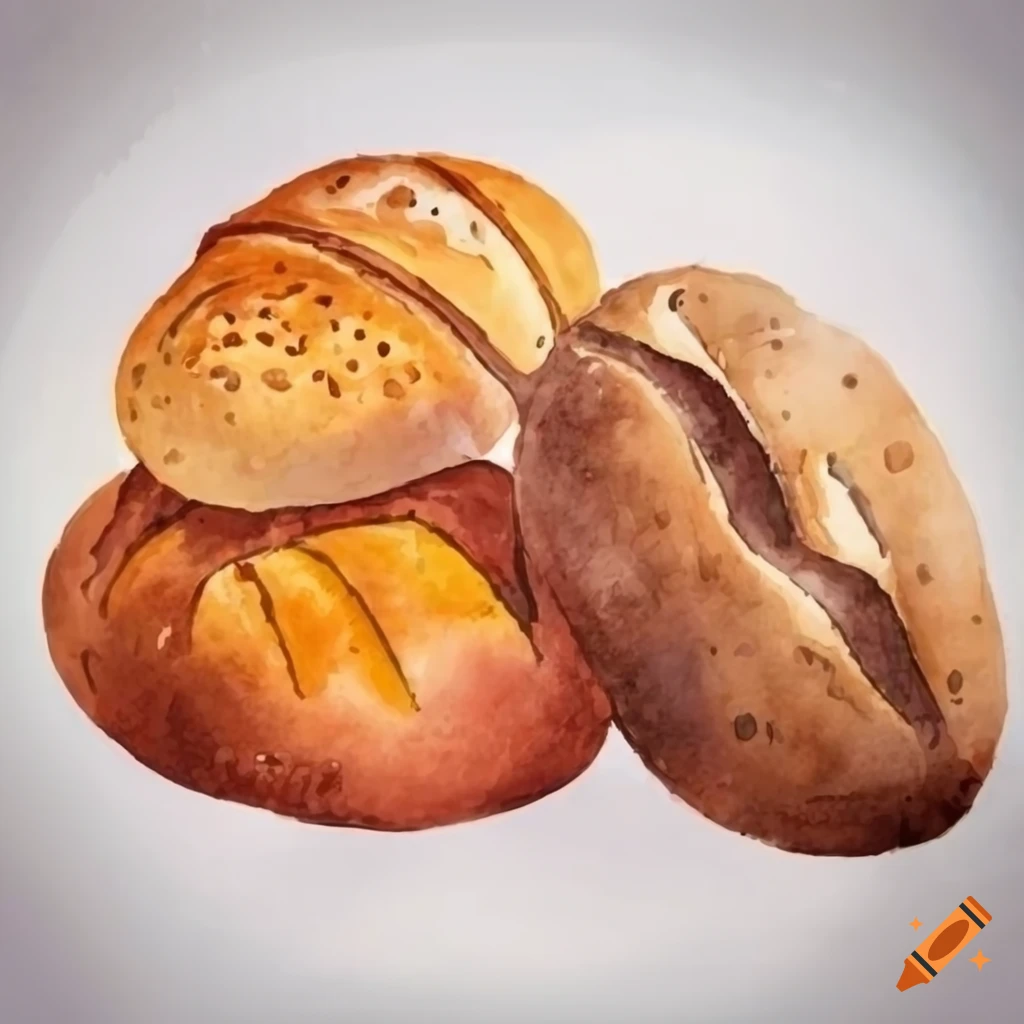 watercolor of four breads on a white background