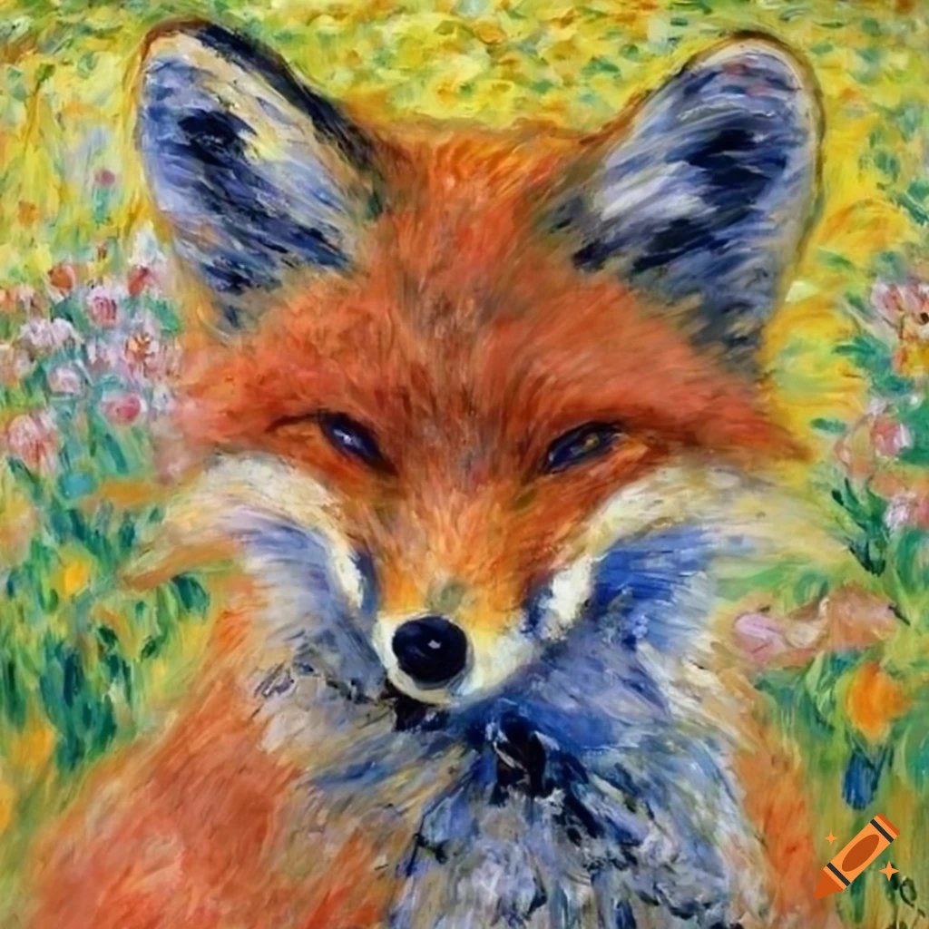 artistic portrayal of a fox in a field of flowers