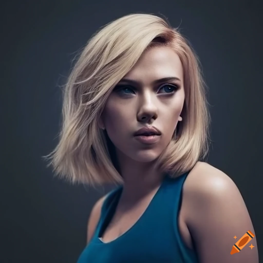 Scarlett Johansson with a bob haircut and blue tank top