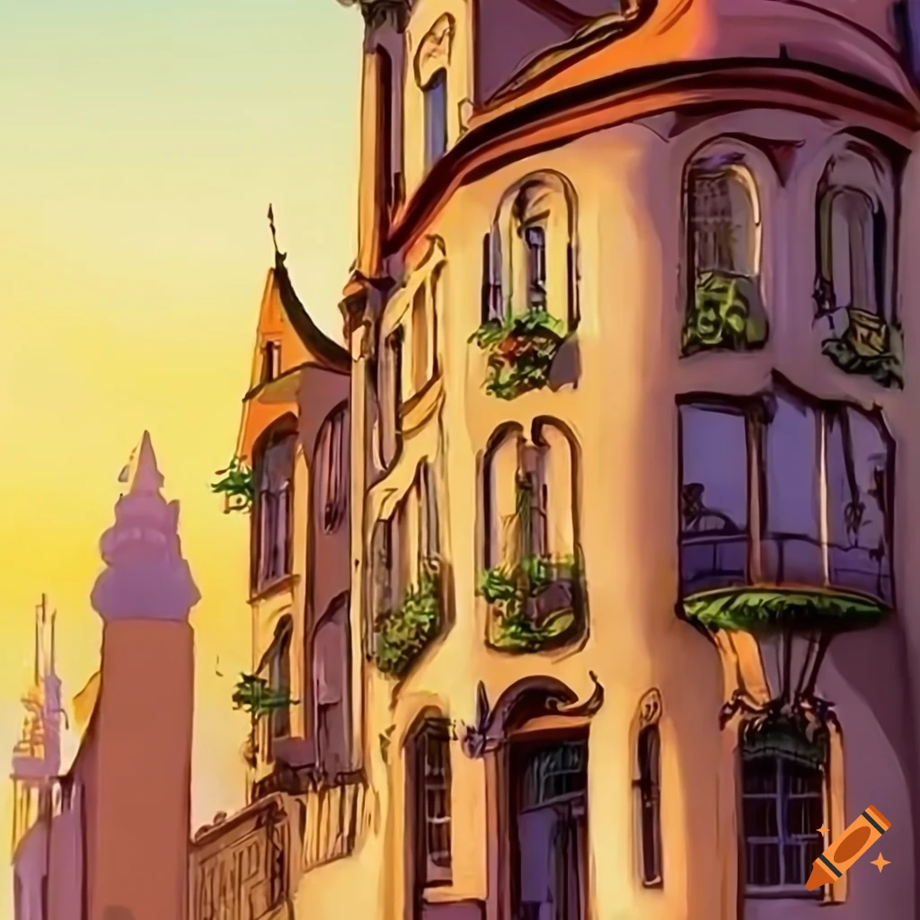 Art nouveau style town street buildings by René Laloux