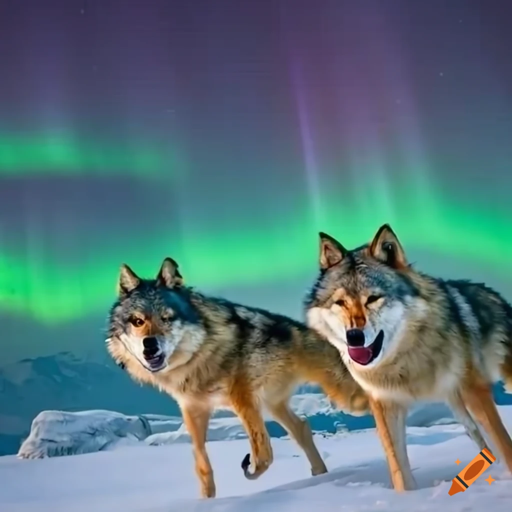 Wolves running in snow with northern lights on Craiyon