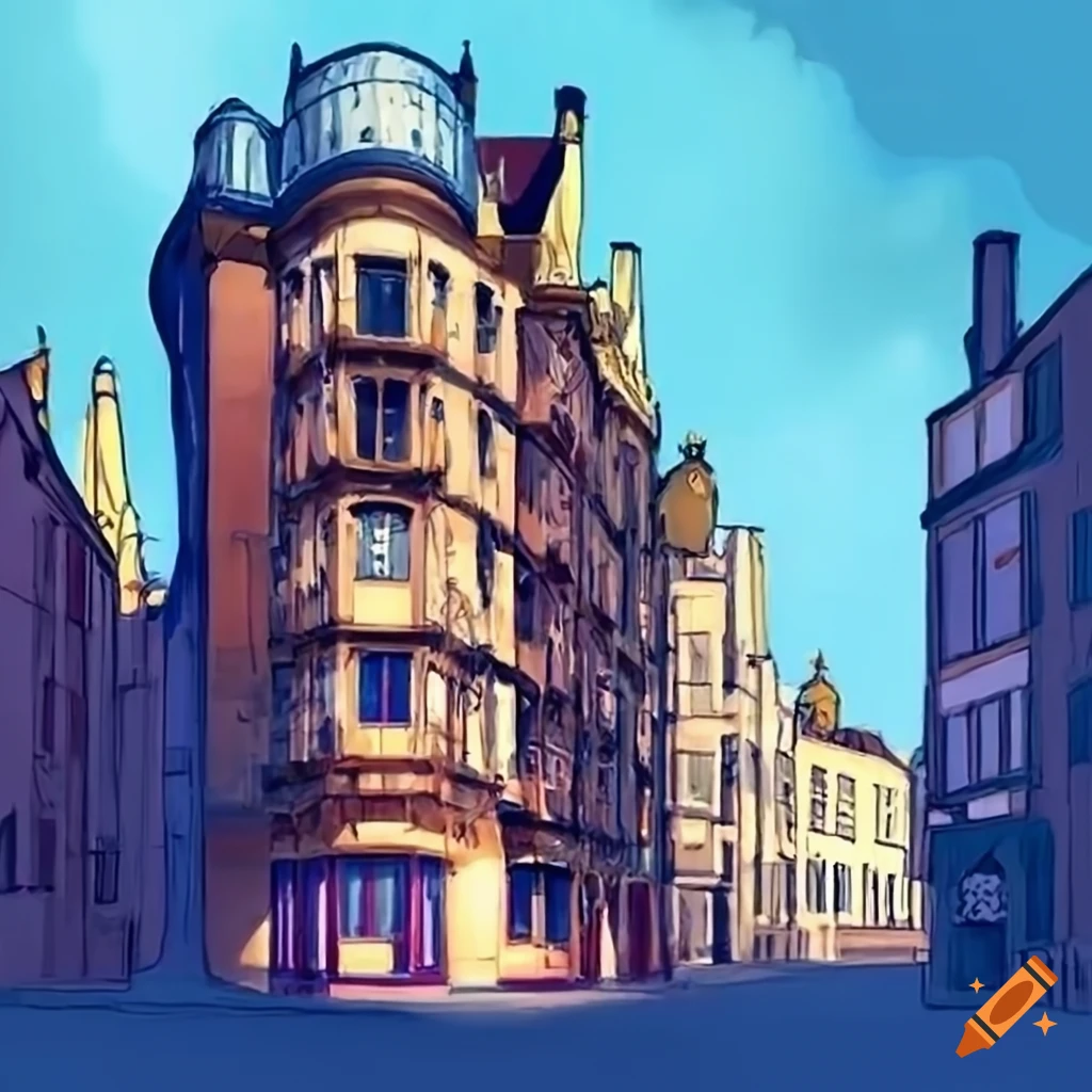 Art nouveau style town street buildings by René Laloux