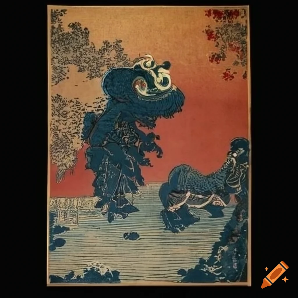 Hokusai woodblock print of Chinese lion dance