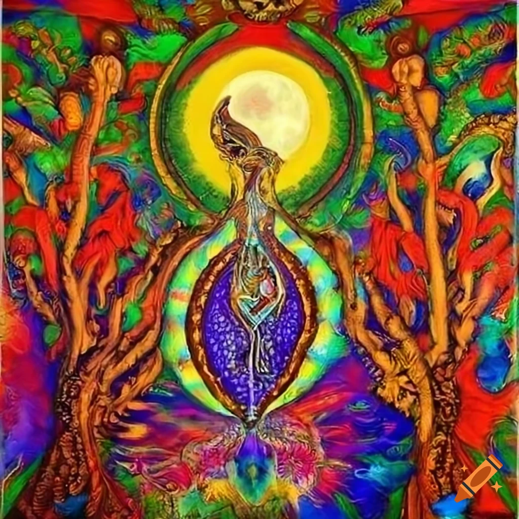 Visionary art of a shamanic ceremony with a family at the center