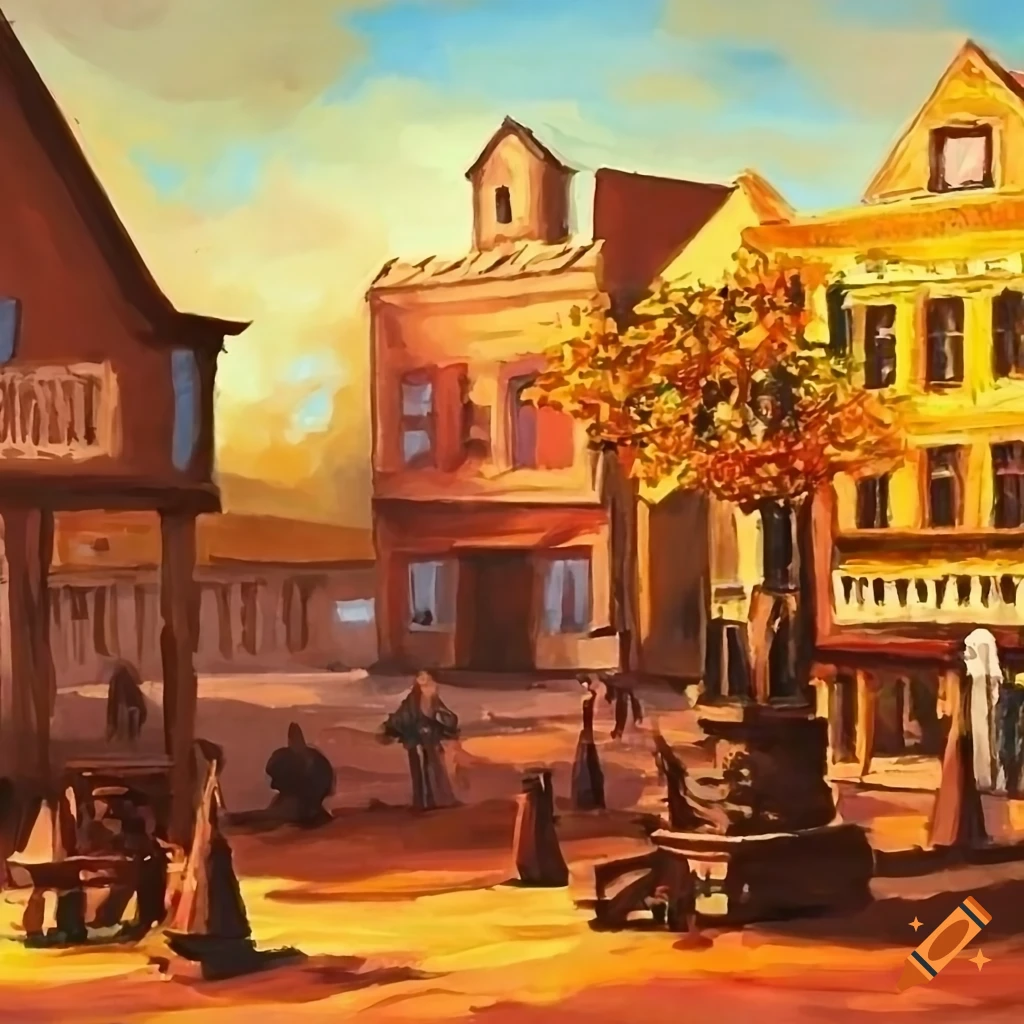 painting of people gathered in a western town square