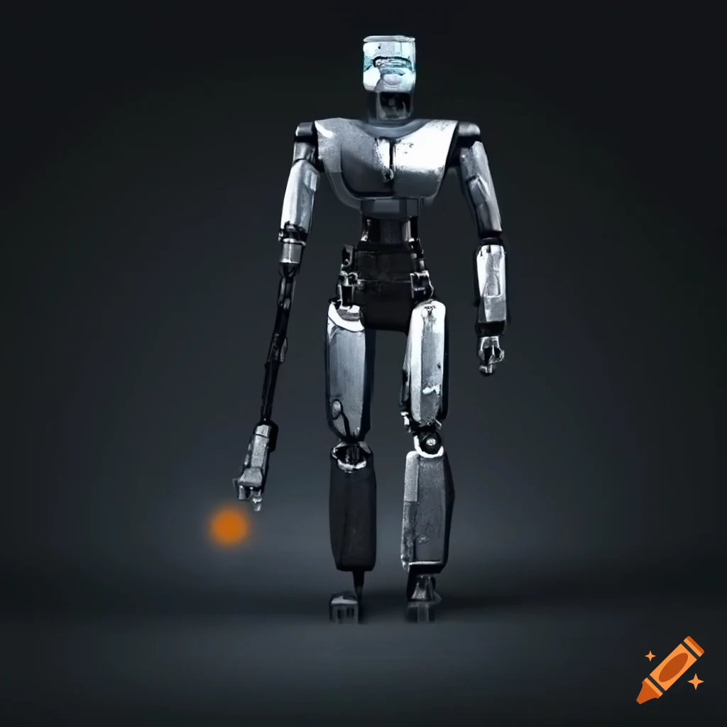metallic robot with laser gun