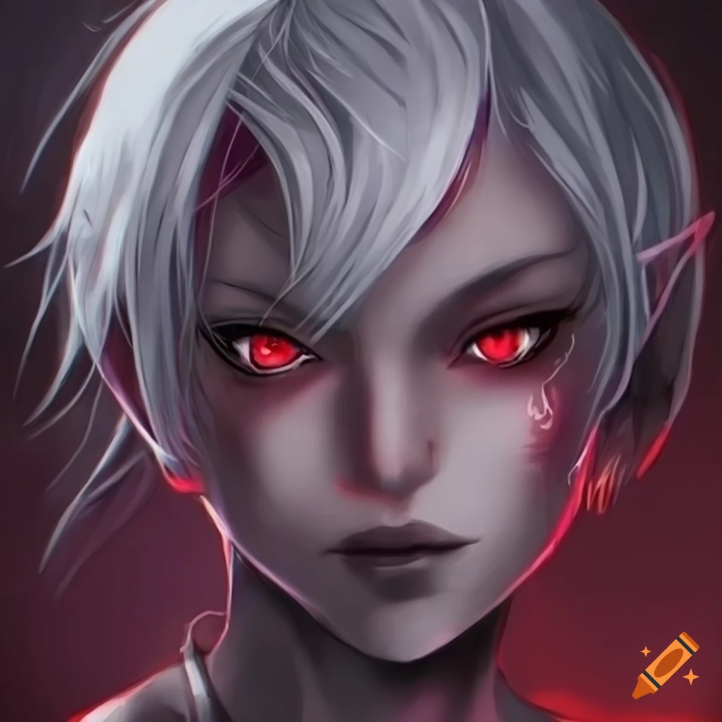 anime dark elf with short white hair and red highlights