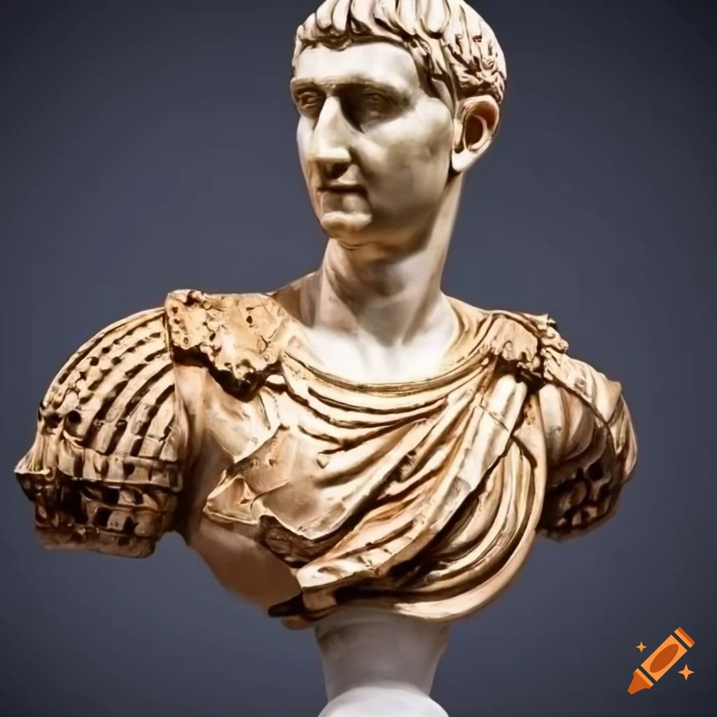 Marble statue of emperor trajan in golden armor and red robes