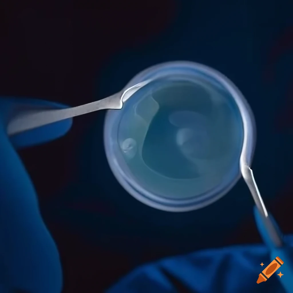 close up of an intraocular lens held with forceps