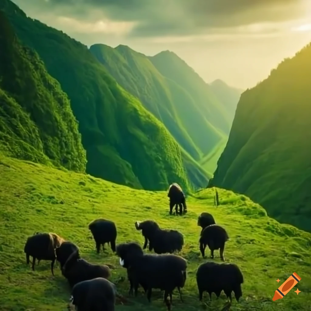 Shepherd guiding a flock of black sheep on a green mountain on Craiyon