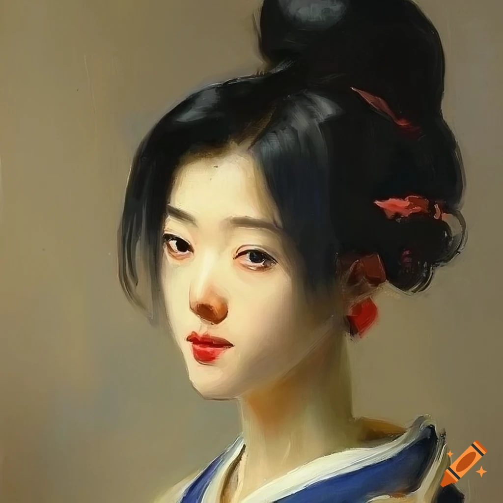 Oil painting of a beautiful young japanese lady with black hair on Craiyon