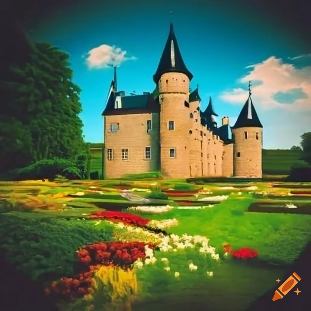 Castle with beautiful flower gardens on Craiyon