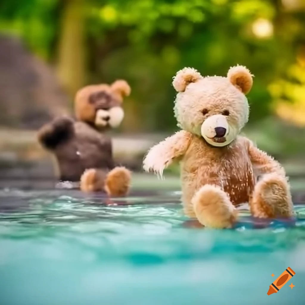 teddy bears with skin conditions enjoying the water park