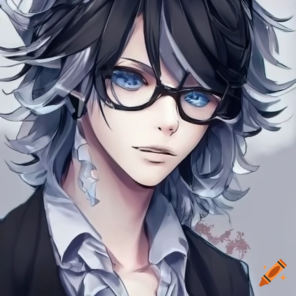 Anime character with black and white hair and glasses on Craiyon