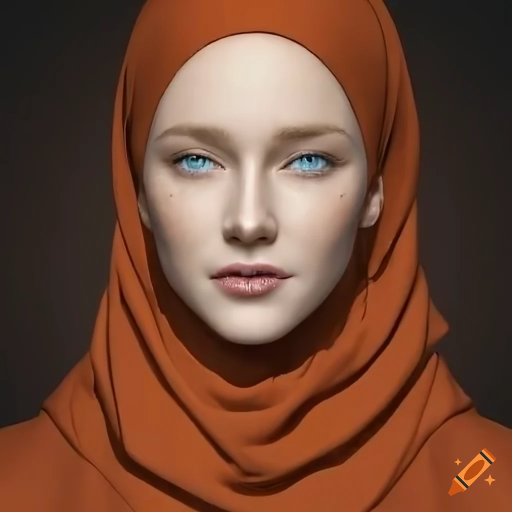 portrait of a ginger girl with freckles and blue eyes wearing a hijab