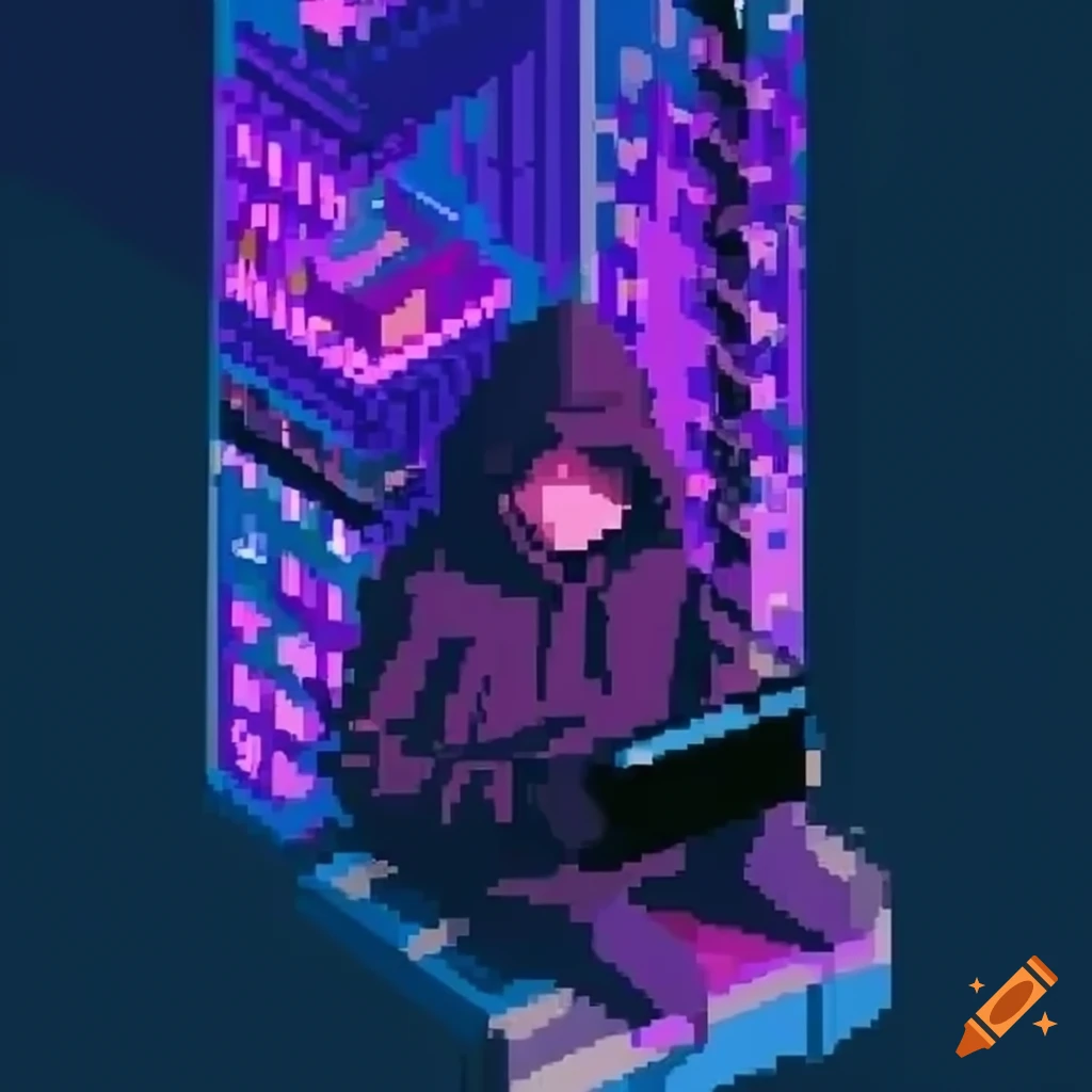 pixel art of a hacker typing in a hoodie