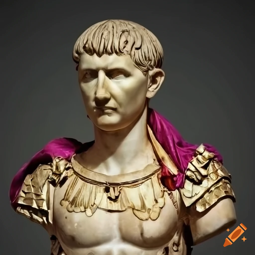 Marble sculpture of emperor trajan in golden armor and colorful robes ...