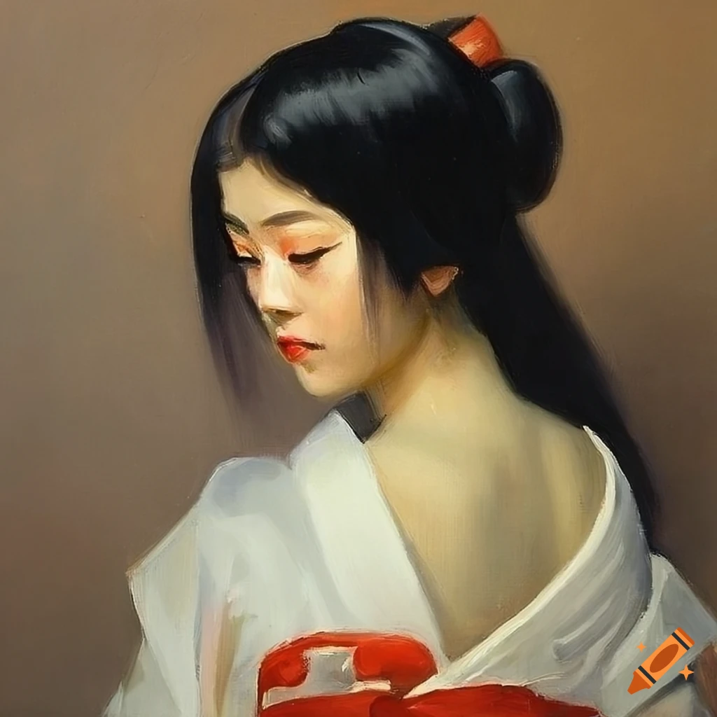 oil painting of a beautiful young Japanese lady with black hair