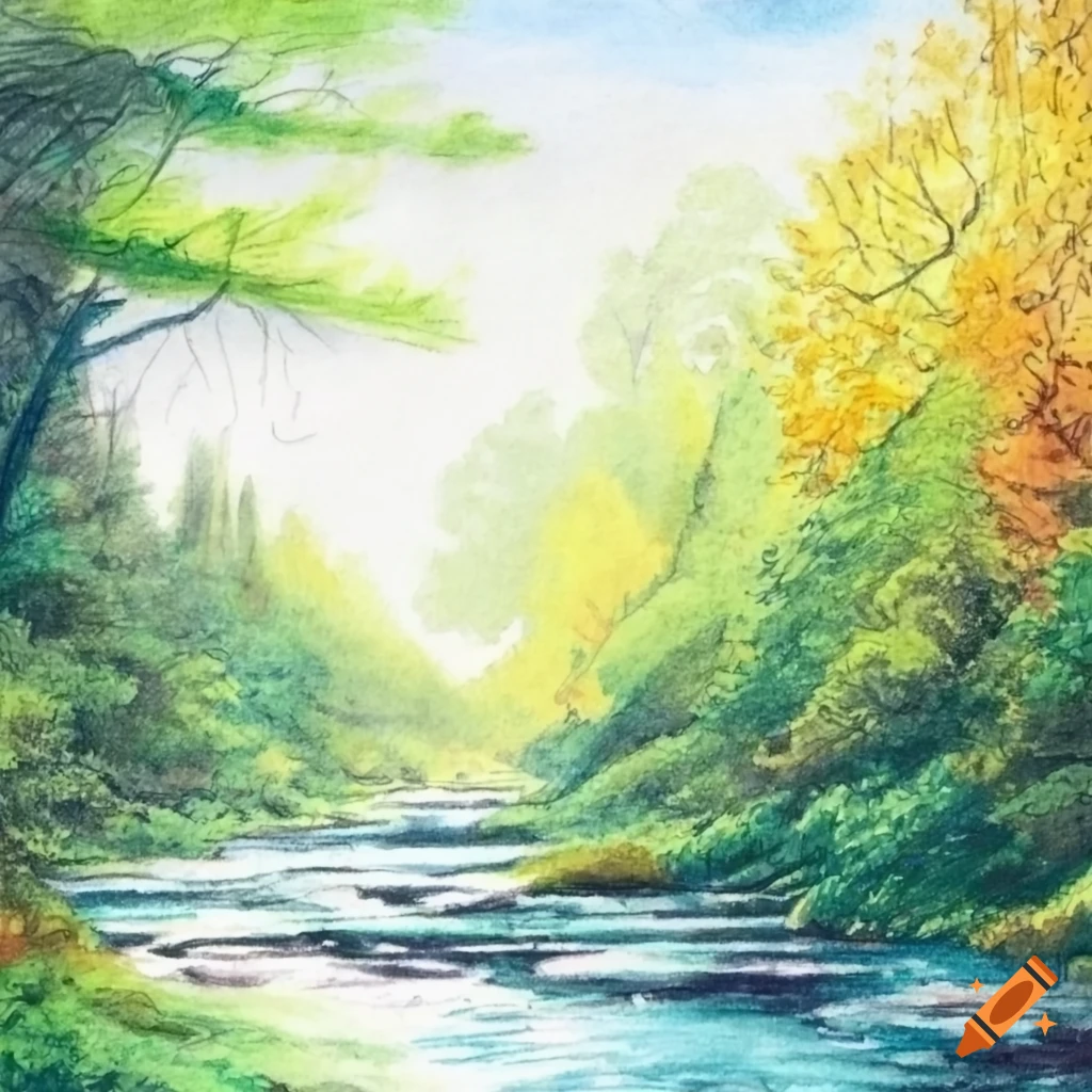 Colored pencil drawing of a river in the forest