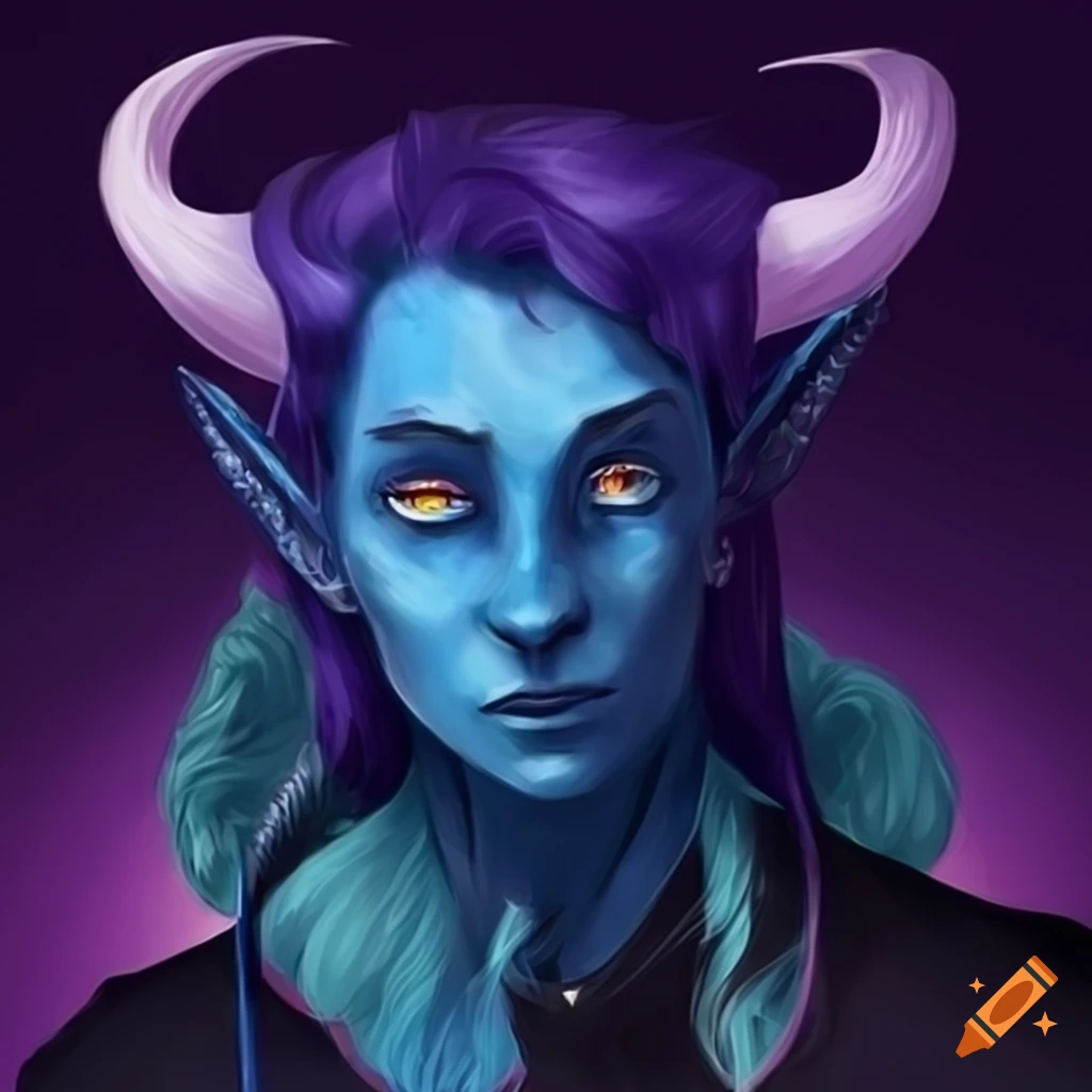 artwork of a blue tiefling with purple hair and beard