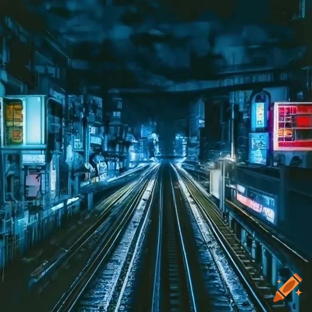cyberpunk city with railway