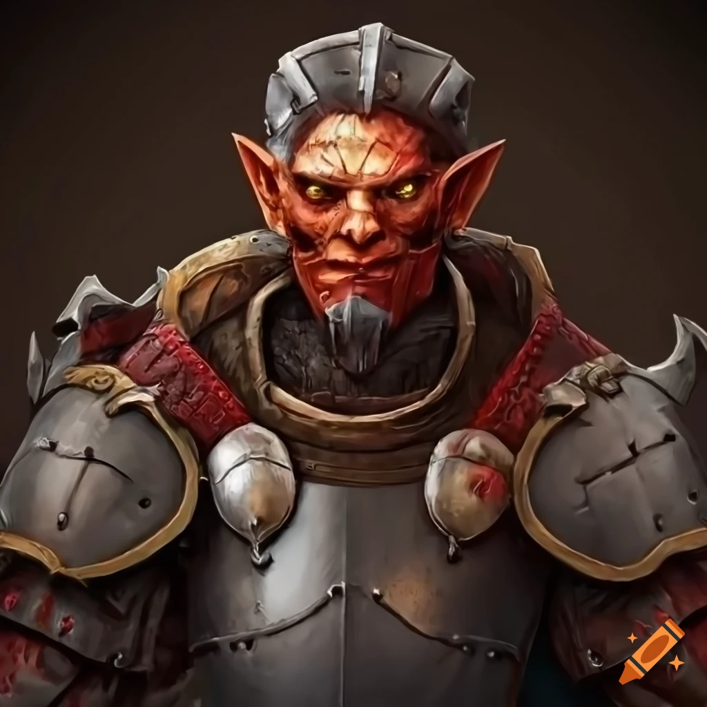 image of a red-skinned black-haired hobgoblin blacksmith wearing plate armor