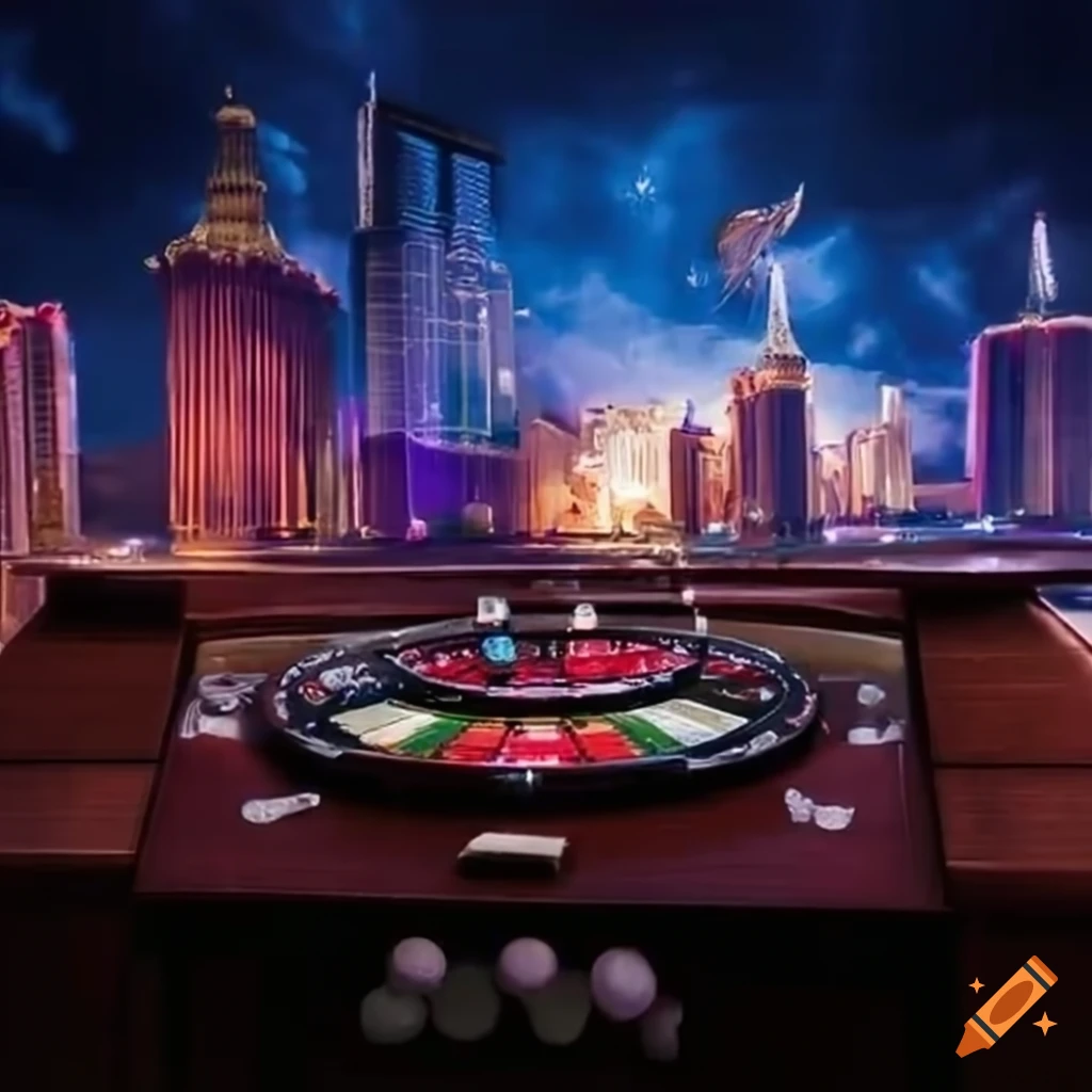 Las Vegas Skyline With Alice And The White Rabbit On A Roulette Table las-vegas-skyline-with-alice-and-the-white-rabbit-on-a-roulette-table