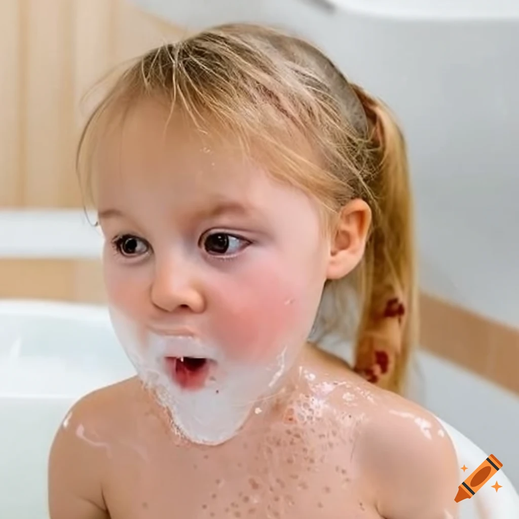 blonde toddler girl enjoying a bubble bath