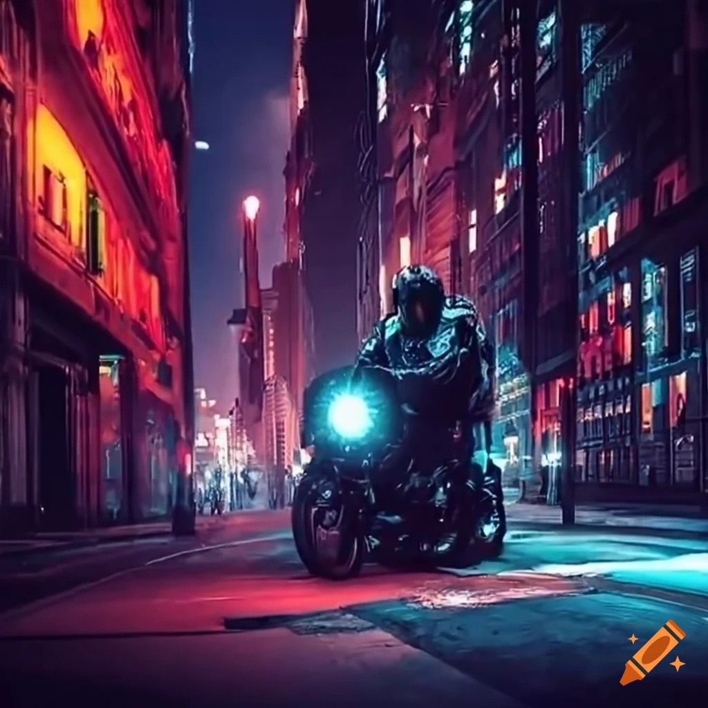 nighttime cityscape with bikers racing through the streets
