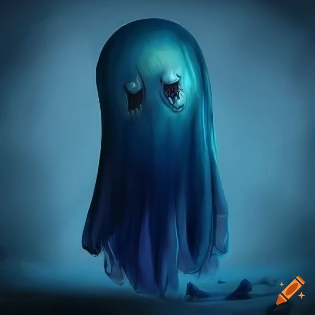 Surreal blue ghost in a dark and dreamlike scene