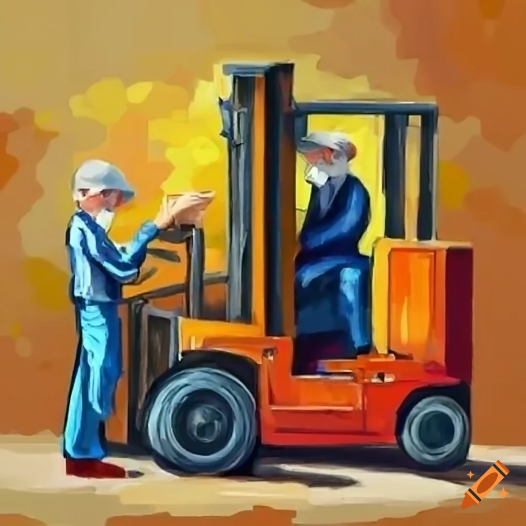 crayon drawing of elderly men on a forklift