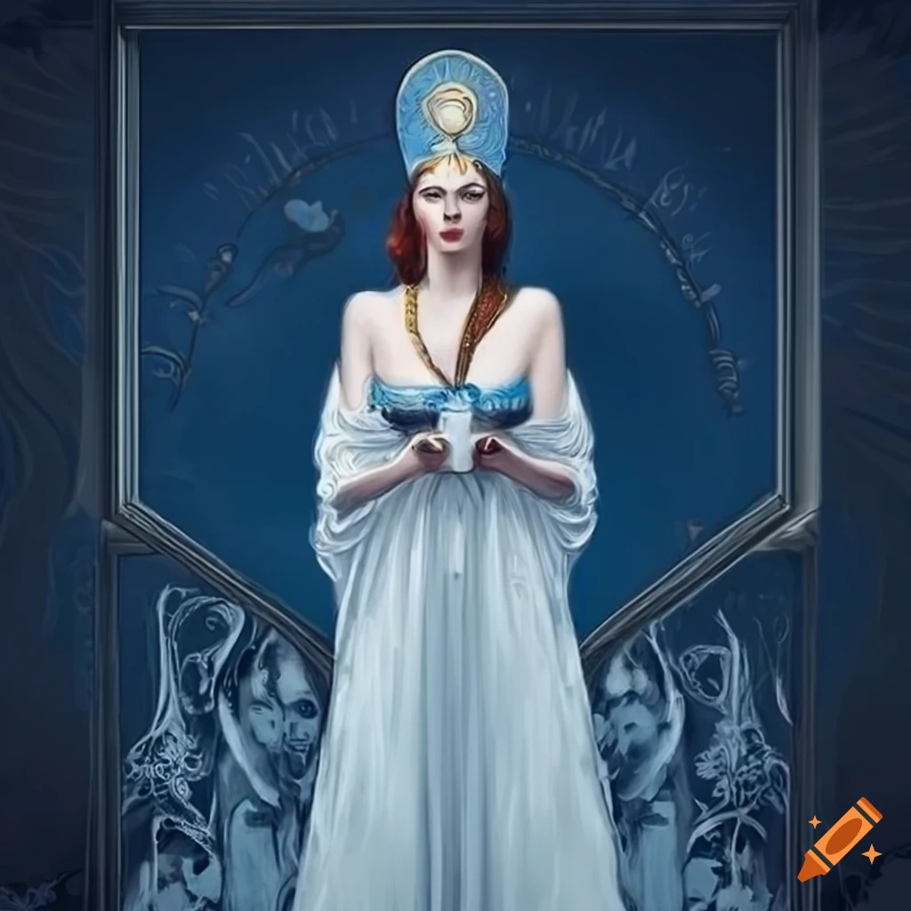 Illustration of the high priestess tarot card in white frame on Craiyon