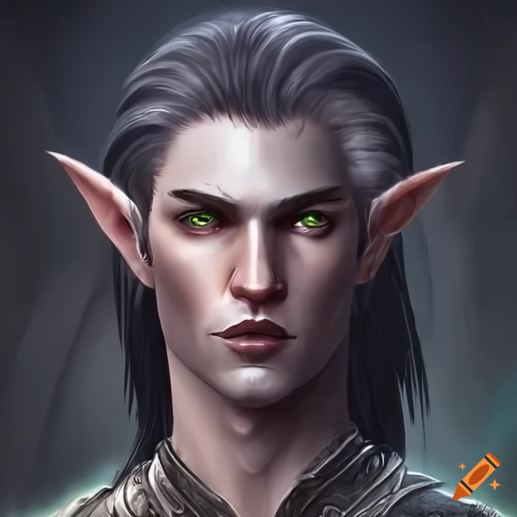 Dark-haired male elf with raven wings and dual elven swords on Craiyon