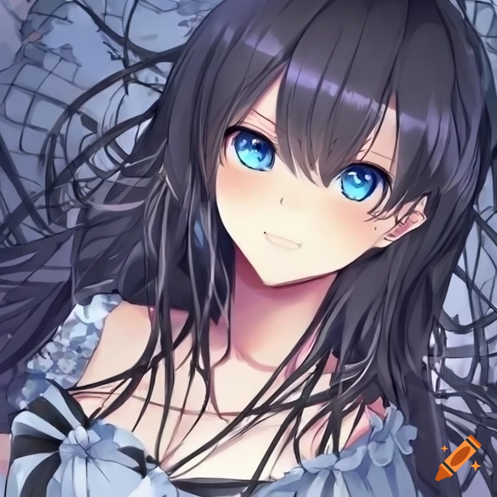 Anime girl with black hair and blue eyes