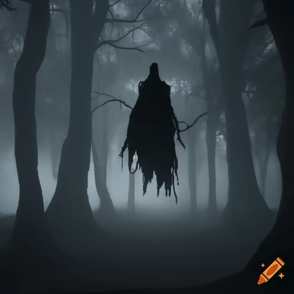 hyperrealistic depiction of a dementor flying through a dark forest