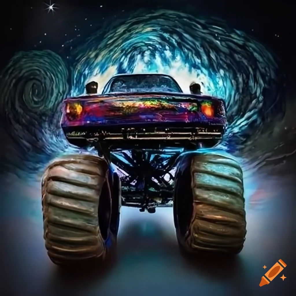 vibrant monster truck with starry night design