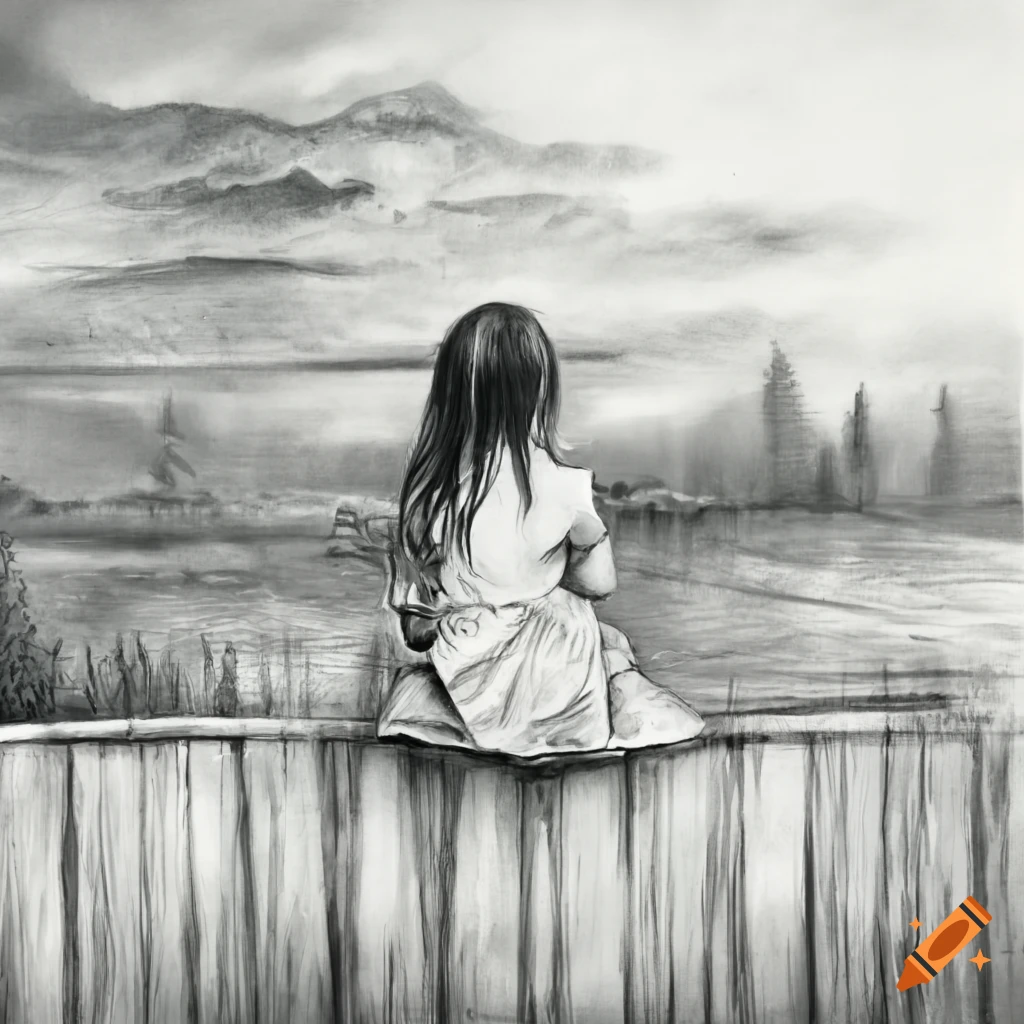 Pencil drawing of a girl sitting by a river looking into the water on  Craiyon-saigonsouth.com.vn